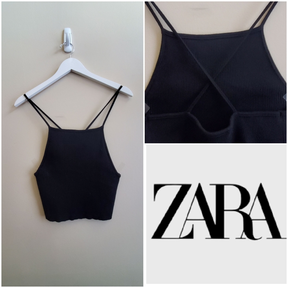 Zara knitted crop tank. top strappy back (cross back), black, Medium size